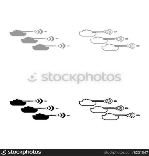 Shooting tanks war concept set icon grey black color vector illustration image simple solid fill outline contour line thin flat style. Shooting tanks war concept set icon grey black color vector illustration image solid fill outline contour line thin flat style