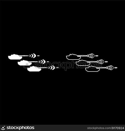 Shooting tanks war concept set icon white color vector illustration image simple solid fill outline contour line thin flat style. Shooting tanks war concept set icon white color vector illustration image solid fill outline contour line thin flat style