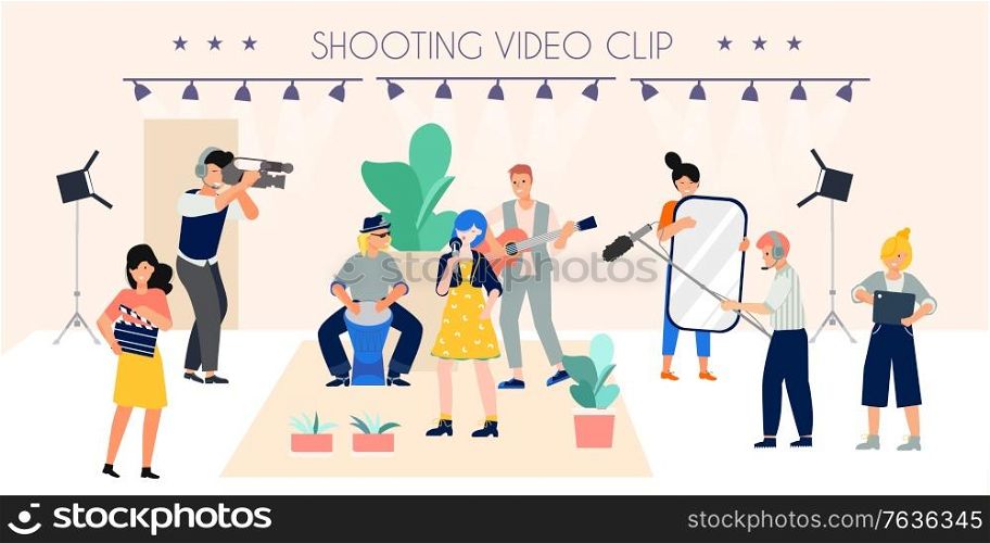 Shooting video clip composition with photo studio scenery and performing live band with professional filmmakers crew vector illustration