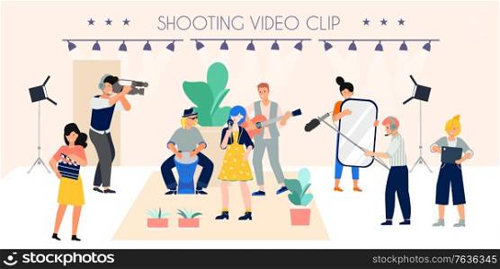 Shooting video clip composition with photo studio scenery and performing live band with professional filmmakers crew vector illustration