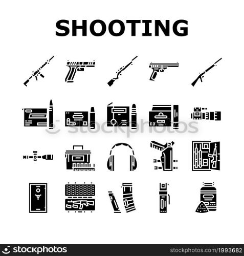 Shooting Weapon And Accessories Icons Set Vector. Pepper Spray And Ammo Box, Centerfire And Rimfire Pistol, Night Vision Scope And Ear Muffs For Shooting Gun Glyph Pictograms Black Illustrations. Shooting Weapon And Accessories Icons Set Vector