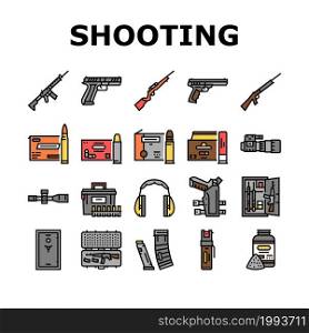 Shooting Weapon And Accessories Icons Set Vector. Pepper Spray And Ammo Box, Centerfire And Rimfire Pistol, Night Vision Scope And Ear Muffs For Shooting Gun Line. Color Illustrations. Shooting Weapon And Accessories Icons Set Vector