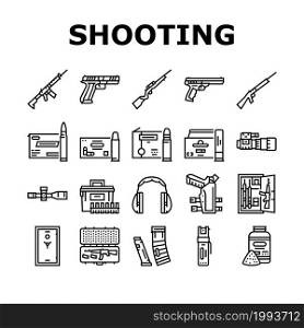 Shooting Weapon And Accessories Icons Set Vector. Pepper Spray And Ammo Box, Centerfire And Rimfire Pistol, Night Vision Scope And Ear Muffs For Shooting Gun Black Contour Illustrations. Shooting Weapon And Accessories Icons Set Vector
