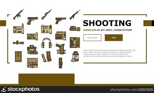 Shooting Weapon And Accessories Landing Web Page Header Banner Template Vector. Pepper Spray And Ammo Box, Centerfire And Rimfire Pistol, Night Vision Scope And Ear Muffs For Shooting Gun Illustration. Shooting Weapon And Accessories Landing Header Vector