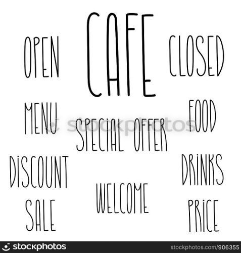 Shop and cafe words, text set for decoration design template. Suitable for print. Vintage and retro style. Modern, funny, cute unique lettering.