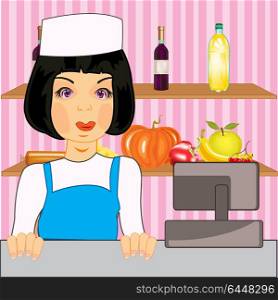 Shop and girl seller. Grocery shop and beautiful girl seller.Vector illustration