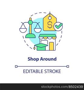 Shop around concept icon. Finance for education. Saving for college tip abstract idea thin line illustration. Isolated outline drawing. Editable stroke. Arial, Myriad Pro-Bold fonts used. Shop around concept icon