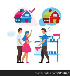 Shop assistant helping clients semi flat color vector characters. Full body people on white. Choosing paint at store isolated modern cartoon style illustration for graphic design and animation. Shop assistant helping clients semi flat color vector characters