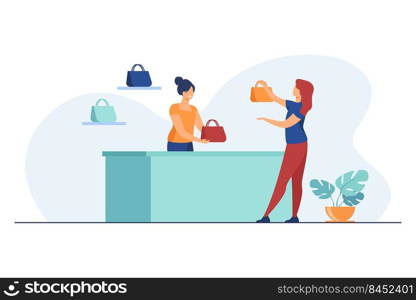 Shop assistant helping female customer to choose bag. Seller in accessory store, consumer flat vector illustration. Retail service, fashion concept for banner, website design or landing web page