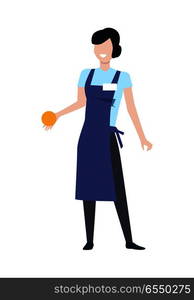 Shop assistant or seller character vector template. Flat design. Smiling woman in blue apron with orange fruit in hand standing on white background. Grocery shop, supermarket, mall personnel.. Shop Assistant Woman Character Vector Illustration. Shop Assistant Woman Character Vector Illustration