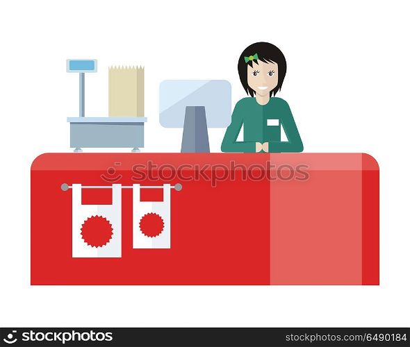 Shop Assistant Sitting at the Cash Desk.. Shop assistant sitting at the cash desk. Quality service. People in supermarket interior design. Saleswomen at the counter. Mall manager near weighing-machine. Marketing, retail store. Vector