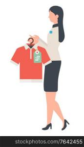 Shop assistant stand with shirt in hands. Polo sold with discount and woman offer good deal to people at store. Vector illustration in flat style. Shop Assistant with Shirt in Departure Store