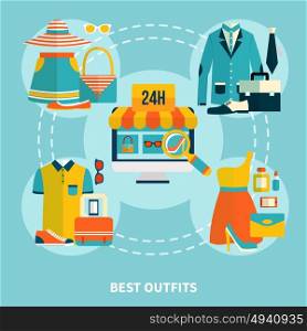 Shop Best Outfits Online Round Composition. Shopping online composition with wear colorful clothes icons computer screen full-time web store search flat vector illustration