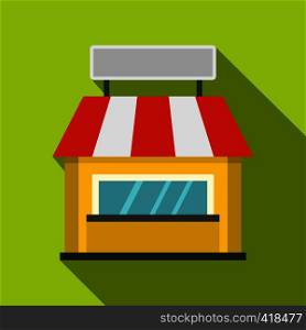 Shop building facade with signboard icon. Flat illustration of shop building facade with signboard vector icon for web isolated on lime background. Shop building facade with signboard icon