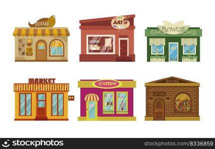 Shop building facades cartoon illustration set. Exterior of cafe, market, candy, flower, art and book stores isolated on white background. Store windows concept