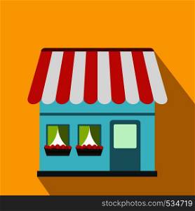 Shop building icon in flat style on a yellow background. Shop building icon, flat style