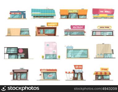 Shop Building Set. Shop building cartoon set with mini store symbols isolated vector illustration