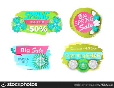 Shop clearance labels isolated vector icons. Springtime blooming flowers, big sale offer, discounts 50 and 45 percent off on brush strokes, advertisement cards. Shop Clearance Labels Isolated Vector, Springtime
