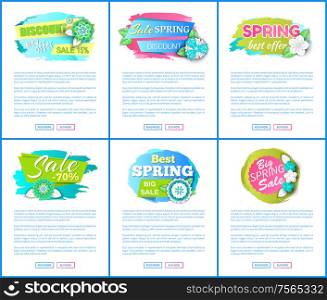 Shop clearance labels on vector web posters. Springtime blooming flowers, big sale offer, discounts 15 and 70 percent off on brush strokes, advertisement cards. Shop Clearance Labels on Vector Web Posters Spring