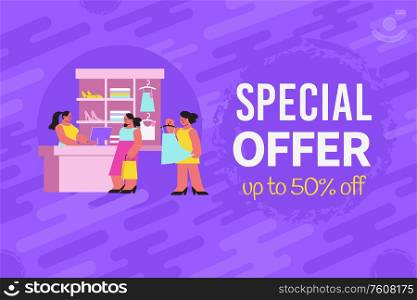 Shop cloth horizontal advertising banner with composition of doodle style images and editable text with discount vector illustration