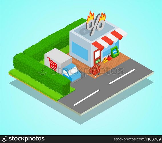 Shop concept banner. Isometric banner of shop vector concept for web, giftcard and postcard. Shop concept banner, isometric style