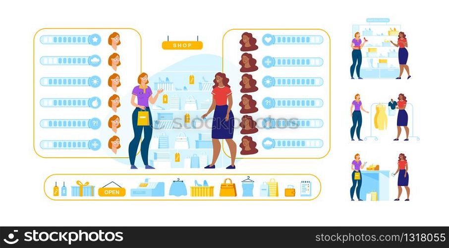 Shop Consultant and Customer Animated Character Set. Happy Customer and Friendly Smiling Seller at Clothing and Accessories Boutique. Showcase, Goods and Female Emotions Diy Kit. Vector Illustration. Shop Consultant Customer Animated Character Set