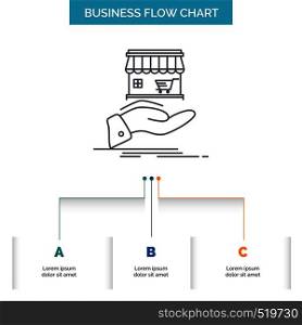 shop, donate, shopping, online, hand Business Flow Chart Design with 3 Steps. Line Icon For Presentation Background Template Place for text. Vector EPS10 Abstract Template background