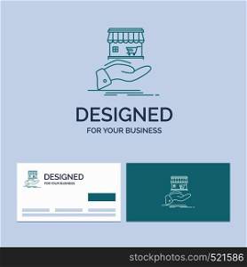 shop, donate, shopping, online, hand Business Logo Line Icon Symbol for your business. Turquoise Business Cards with Brand logo template. Vector EPS10 Abstract Template background