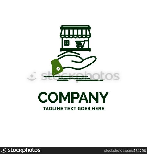 shop, donate, shopping, online, hand Flat Business Logo template. Creative Green Brand Name Design.
