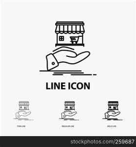 shop, donate, shopping, online, hand Icon in Thin, Regular and Bold Line Style. Vector illustration