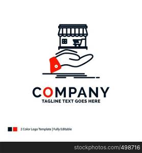 shop, donate, shopping, online, hand Logo Design. Blue and Orange Brand Name Design. Place for Tagline. Business Logo template.
