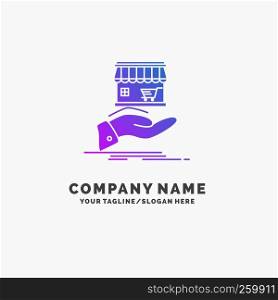 shop, donate, shopping, online, hand Purple Business Logo Template. Place for Tagline.