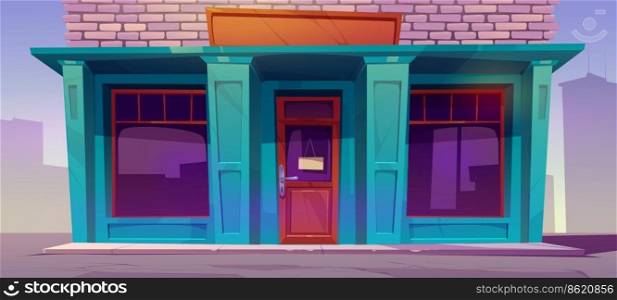 Shop facade, cafe, traditional store front, city architecture building with signboard on closed door and large windows. Small retail boutique, bakery or grocery exterior, Cartoon vector illustration. Shop facade, cafe, traditional store building