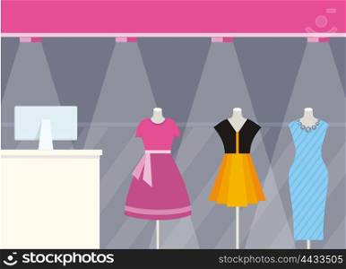 Shop Front Clothing Store Design Flat Style. Shop front clothing store design flat style. Fashion woman wearing colorful dresses on mannequins that are behind glass shop illuminated by searchlights. Shopping centre design. Vector illustration