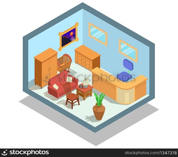 Shop furniture concept banner. Isometric banner of shop furniture vector concept for web, giftcard and postcard. Shop furniture concept banner, isometric style