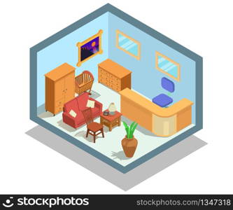 Shop furniture concept banner. Isometric banner of shop furniture vector concept for web, giftcard and postcard. Shop furniture concept banner, isometric style