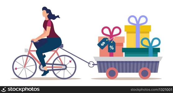 Shop Holiday Sale, and Price Off Campaign Flat Vector Concept. Woman Riding Bicycle, Pulling Trailer Full of Gifts, Wrapped and Packed in Cardboard Boxes Goods with Price Discounts Tags Illustration