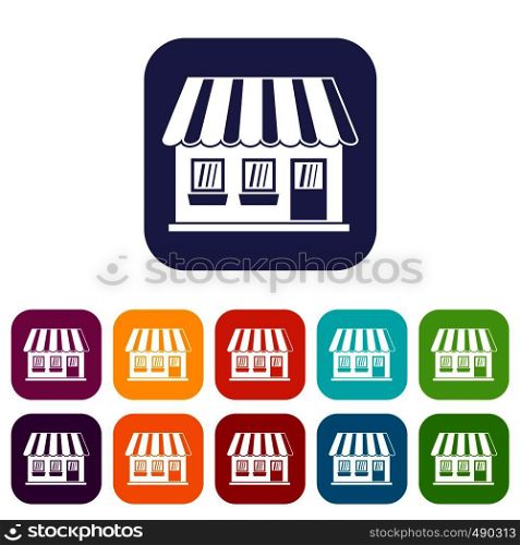 Shop icons set vector illustration in flat style in colors red, blue, green, and other. Shop icons set