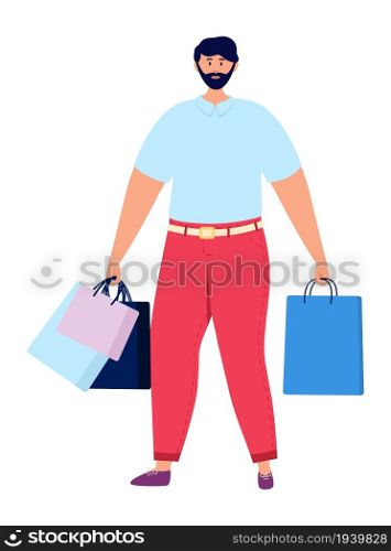 Shop man hold gift bags isolated on white background. Shop man hold gift bags isolated on white
