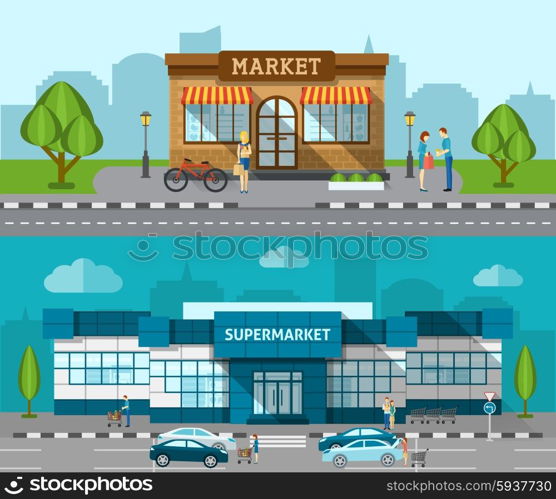 Shop market and supermarket buildings flat horizontal banner set isolated vector illustration. Shop Flat Banner Set