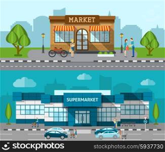 Shop market and supermarket buildings flat horizontal banner set isolated vector illustration. Shop Flat Banner Set