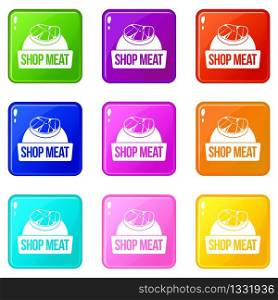 Shop meat icons set 9 color collection isolated on white for any design. Shop meat icons set 9 color collection