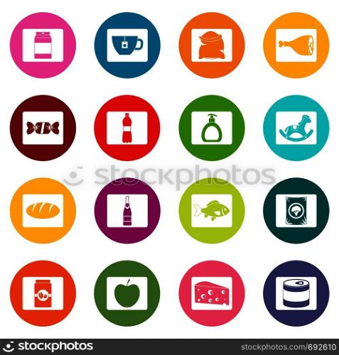 Shop navigation foods icons many colors set isolated on white for digital marketing. Shop navigation foods icons many colors set