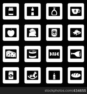 Shop navigation foods icons set in white squares on black background simple style vector illustration. Shop navigation foods icons set squares vector