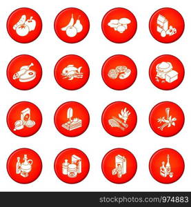 Shop navigation foods icons set vector red circle isolated on white background . Shop navigation foods icons set red vector