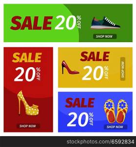 Shop now with 20 percent discount banners set. Summer sale in shoes store poster. Buy elegant stilettos, comfortable sneakers, summer flip-flops and stylish mules with 20 off, vector illustration.. Shopping Night with Big Sale in Shoes Store Poster