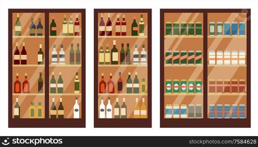 Shop of alcohol. Shelves. Vector illustration