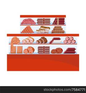 Shop of bread products. Counter. The seller holds bagels. Vector flat illustration
