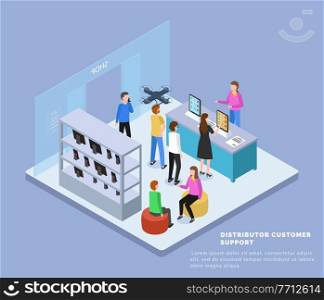 Shop of electronics, gadgets, modern digital devices, smartphones, mobile phones, tablets, flying drone, customers buyers choosing goods in store, commercial market, isometric 3d illustration. Shop of electronics, gadgets, modern digital devices, customers buyers choosing goods in store