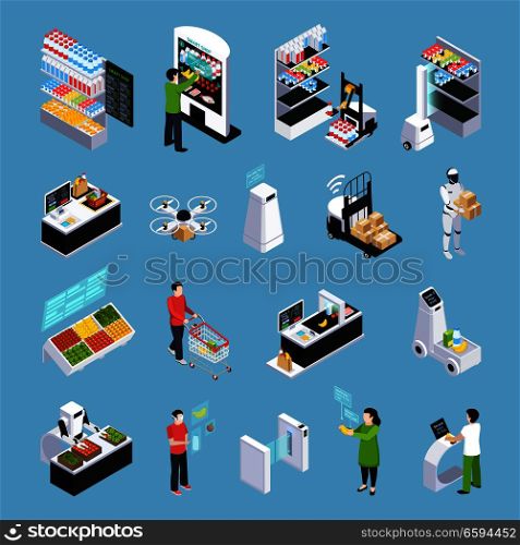 Shop of future isometric icons with robots, automated cash desk, delivery by drone isolated vector illustration . Shop Of Future Isometric Icons